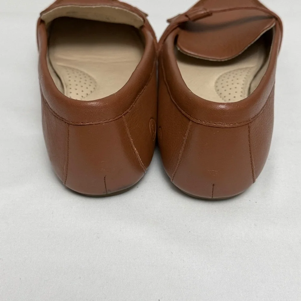 Lands‎ End Womens Cognac Brown Leather Driving Loafers Shoes 7.5 D Wide Preppy